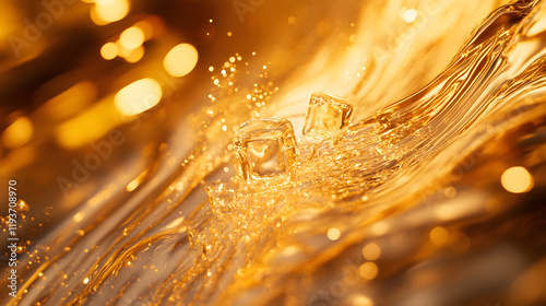 An elegant whiskey on the rocks abstraction with ice cubes and golden liquid creating shimmering light patterns in motion.