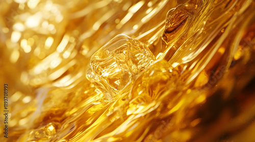 An elegant whiskey on the rocks abstraction with ice cubes and golden liquid creating shimmering light patterns in motion.