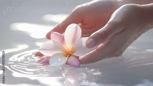 Artistic hands gently clasping a water-dappled flower against a radiant white cinematic setting.