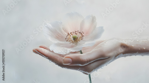Artistic hands offering a glistening wet bloom in a minimalist white setting.