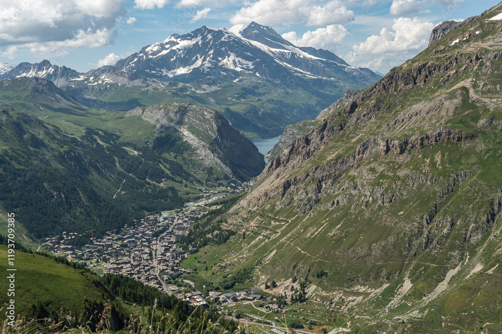 Obraz premium View of Val-d'Isere seen from the summit of Col de Iseran (Iseran Pass), Savoie, France