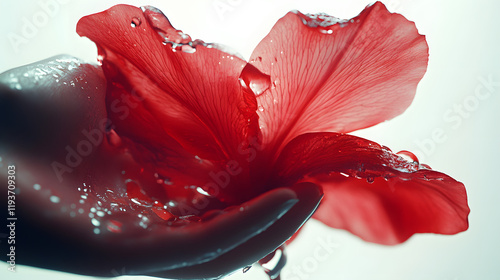A cinematic close-up of a soaked flower being carefully held by artistic hands against a bright white background.