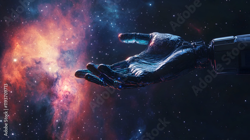 A cinematic image of a human and robotic hand almost touching in space surrounded by stars and nebulae.