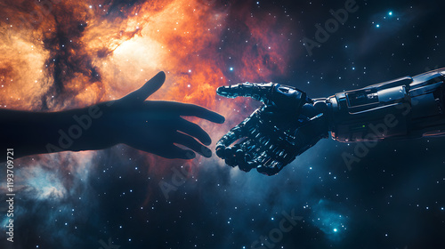 A cinematic image of a human and robotic hand almost touching in space surrounded by stars and nebulae.