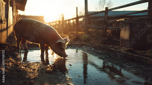 A cinematic image of a pig drinking water from a trough in a sunlit barnyard.