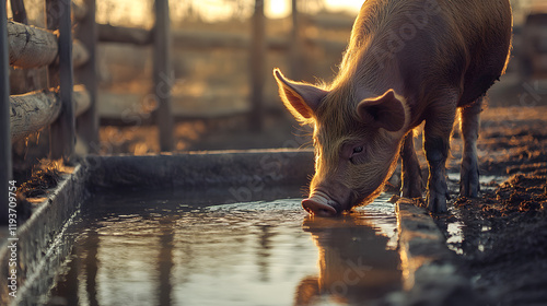 A cinematic image of a pig drinking water from a trough in a sunlit barnyard.