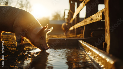 A cinematic image of a pig drinking water from a trough in a sunlit barnyard.