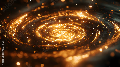 A cinematic scene of water droplets forming a 3D spiral in weightlessness softly glowing.