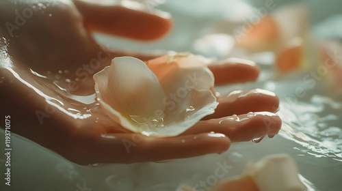 A cinematic scene of wet petals gently held by fingers in a soft white backdrop.
