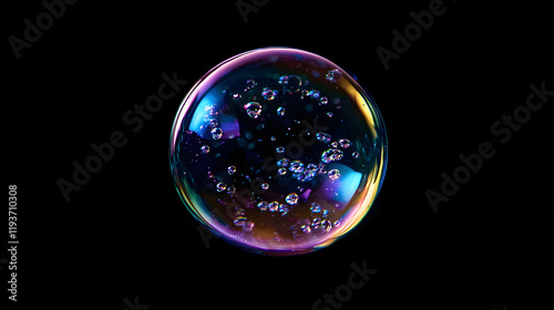 A cinematic shot of a single water sphere encasing smaller droplets refracting colorful light in zero gravity.
