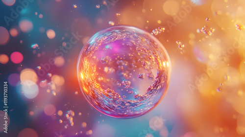 A cinematic shot of a single water sphere encasing smaller droplets refracting colorful light in zero gravity.