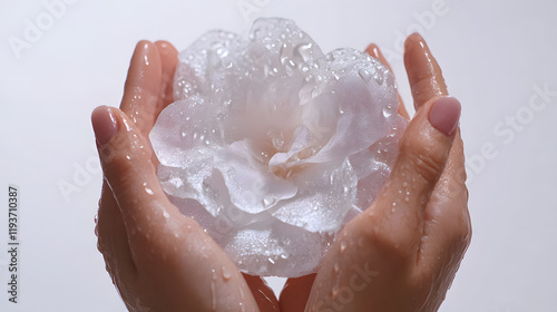 A cinematic shot of delicate hands gently holding a wet flower against a white background.