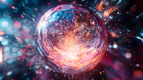 A cinematic shot of a single water sphere encasing smaller droplets refracting colorful light in zero gravity.