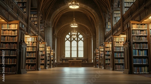 Grand library interior with bookshelves, high ceilings, and large window.