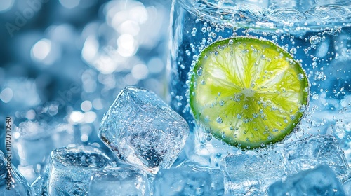 Sparkling water with lime and ice cubes.