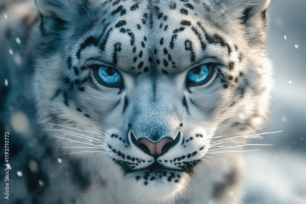 Fototapeta premium Close-Up of Snow Leopard's Intense Gaze in Mountain Landscape