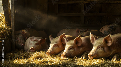 A cinematic shot of pigs resting together in the shade of an old barn surrounded by hay and sunlight.