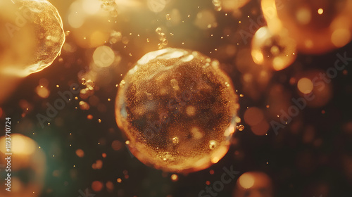 A cinematic shot of water droplets bursting into smaller spheres in zero gravity illuminated by diffused lighting.