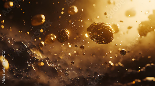 A cinematic shot of water droplets bursting into smaller spheres in zero gravity illuminated by diffused lighting.