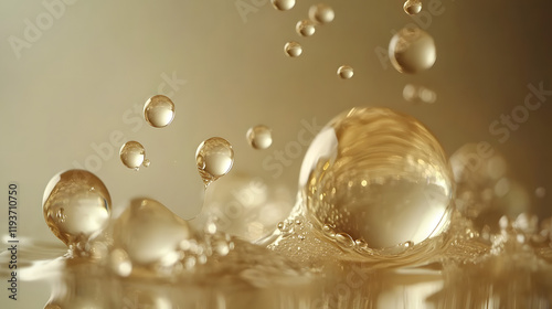 A cinematic shot of water droplets bursting into smaller spheres in zero gravity illuminated by diffused lighting.