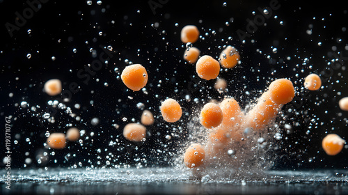 A cinematic shot of water droplets bursting into smaller spheres in zero gravity illuminated by diffused lighting.