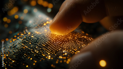 A close-up of a human and robotic finger meeting in a futuristic lab with glowing circuits.