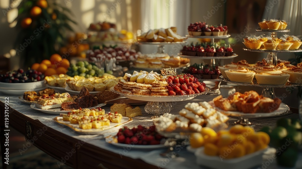 An inviting buffet table featuring a variety of delicious foods and treats for a retirement celebration. An inviting buffet table featuring a variety of delicious foods and treats for a retirement celebration.