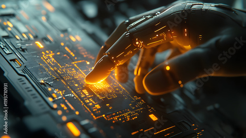 A close-up of a human and robotic finger meeting in a futuristic lab with glowing circuits.