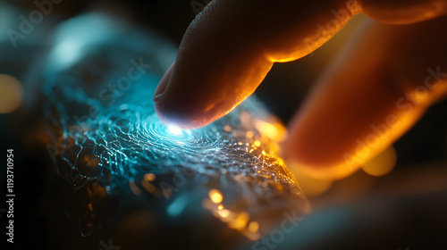 A close-up of a human finger resting gently on a robotic finger with glowing blue energy pulsing at the connection point.