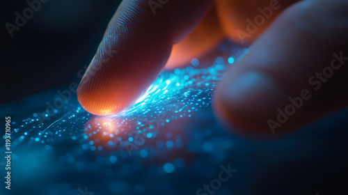 A close-up of a human finger resting gently on a robotic finger with glowing blue energy pulsing at the connection point.