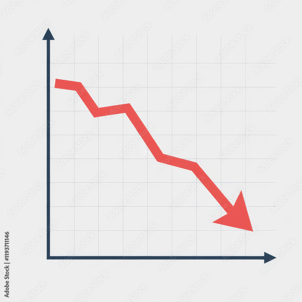Downtrending economic chart with a red arrow. Financial chart showing statistical decline with a downward trajectory representing a stock market finance recession. Downtrending economic chart with a red arrow. Financial chart showing statistical decline with a downward trajectory representing a stock market finance recession.