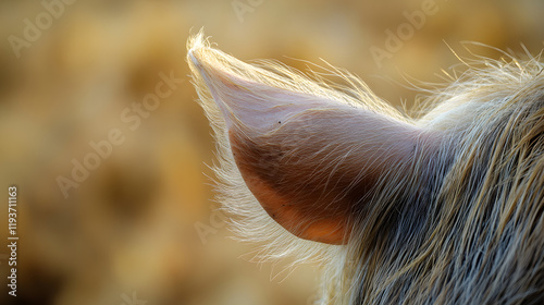 A close-up of a pigs ear and bristly hair framed by a blurred farm background. photo