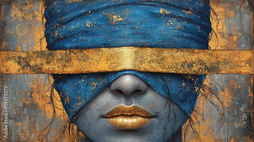 Navy Blue-Grey Abstract Painting: Modern Minimalist Portrait with Gold Lips in Cubism Style