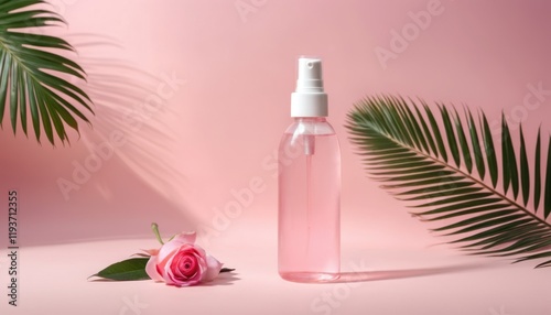 Pink Rose and Bottle Spa Still Life for Relaxation and Wellness