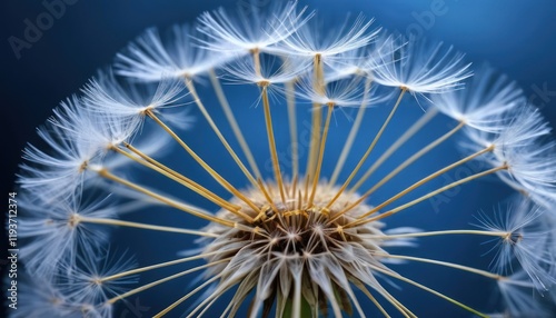 A closeup of a dandelion seed head with delicate white seeds, surrounded by abstract natural tones of green, blue, and soft light