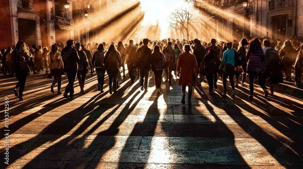Obraz premium A crowd of diverse people walking through a sunlit street, casting long shadows.