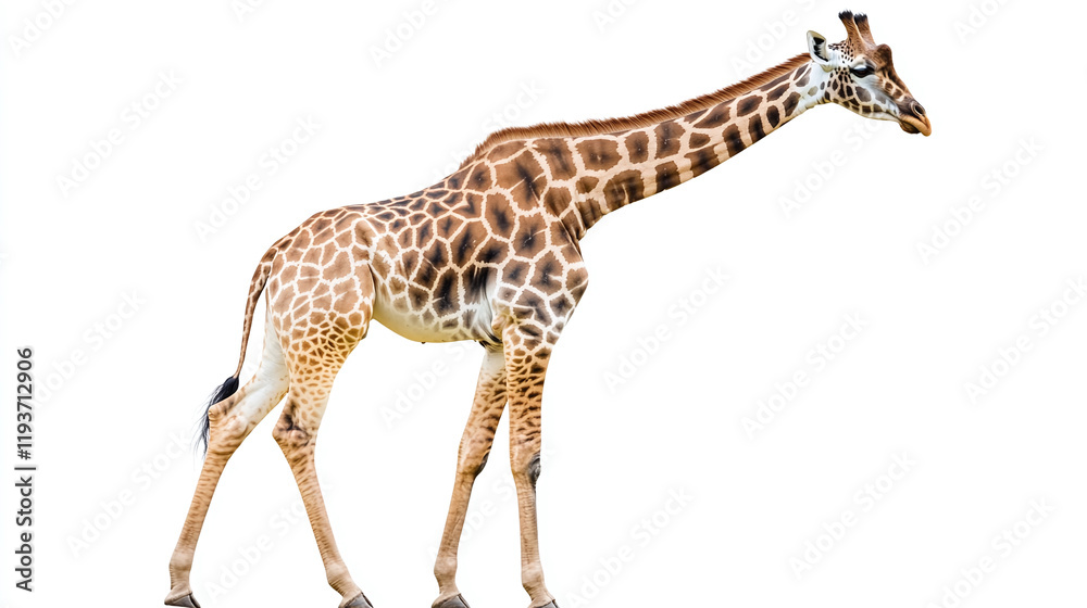 Fototapeta premium Side view full body photography shot of a giraffe isolated on white background. tall african safari wildlife animal with long neck, herbivore, standing, exotic.
