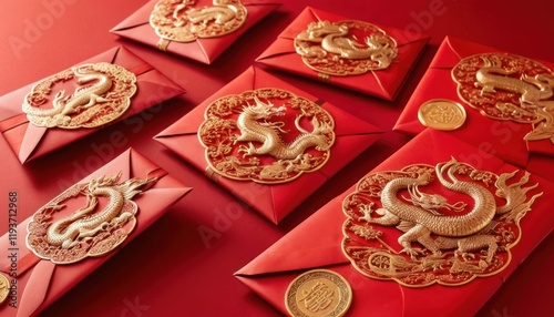 Close up of elegant red envelope on red background. Chinese new year