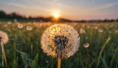 Dandelion blooming on green grass under the summer sun