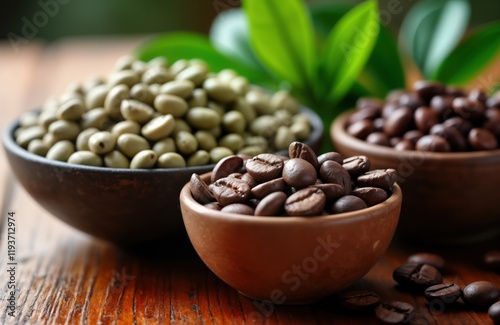 Closeup view of unroasted green coffee beans, roasted brown coffee beans in small bowls. Fresh coffee beans display different stages of roasting. Natural organic coffee beans from African regions. photo