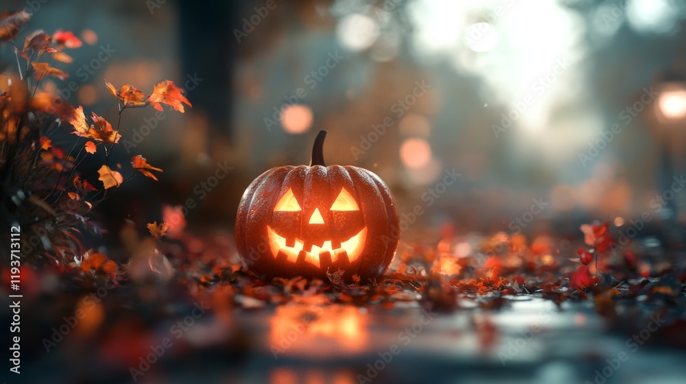 Glowing Jack-O'-Lantern on Autumn Path Glowing Jack-O'-Lantern on Autumn Path