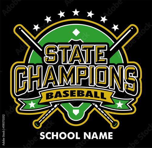 state champions in baseball team design with diamond and banner for school, college or league sports
