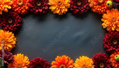Orange, burgundy flowers frame dark background. Floral arrangement creates border. Autumn colors evoke fall season. Natural beauty of flowers. Perfect for festive occasion memorial. Flowers in bloom
