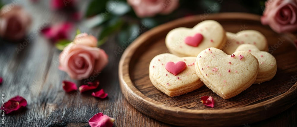 Heart-shaped cookies with roses and sprinkles