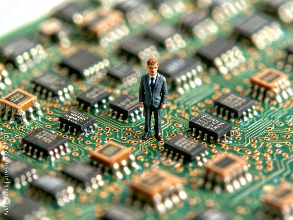 Obraz premium Miniature businessman standing on a circuit board, symbolizing technology and innovation.