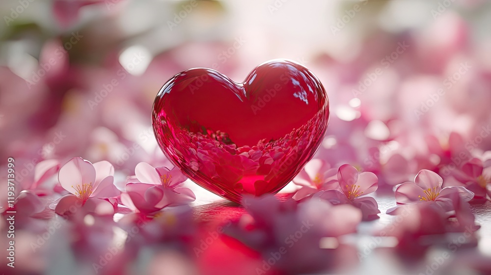 Obraz premium A vibrant red heart surrounded by delicate pink petals on a soft background.