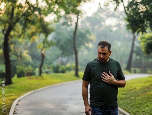 Middle-aged South Asian man feeling unwell while walking in a serene park.
