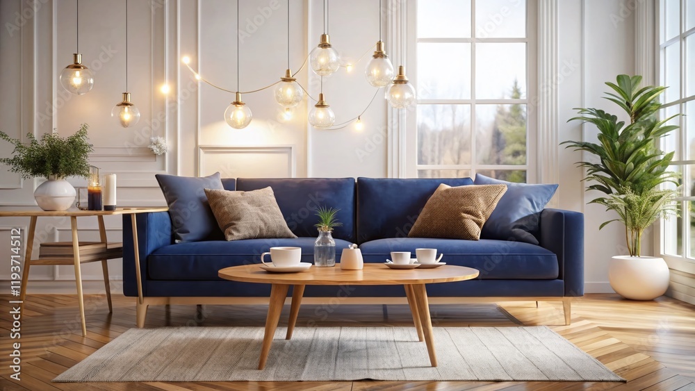 Fototapeta premium Scandinavian Chic Lounge: Navy Sofa, Marble Coffee Table, Bokeh Lighting