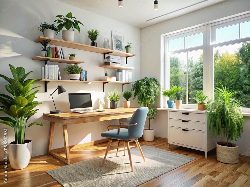 Fototapeta premium Scandinavian Home Office: Stylish Workspace with Natural Light & Air Conditioning