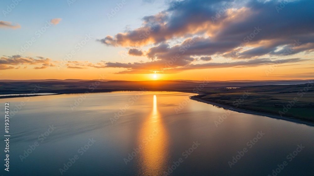 Fototapeta premium Serene Sunset Over Calm Lake and Rolling Hills